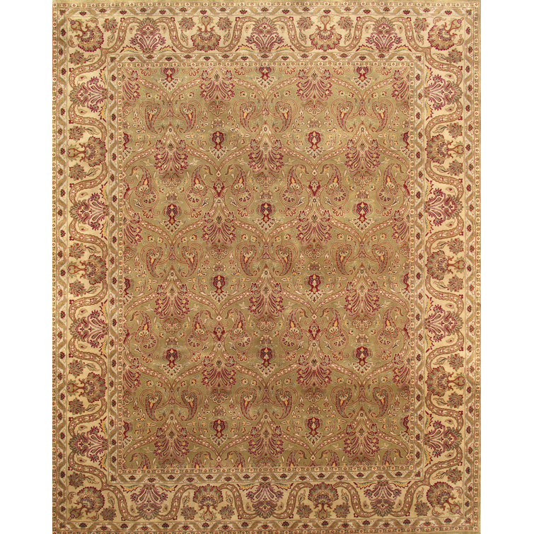 Elegant Light Green Floral Hand-Knotted Wool Area Rug, 8' x 10'
