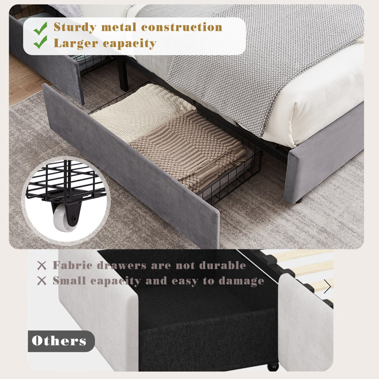 Beige Velvet Upholstered Queen Platform Bed with Storage Drawers