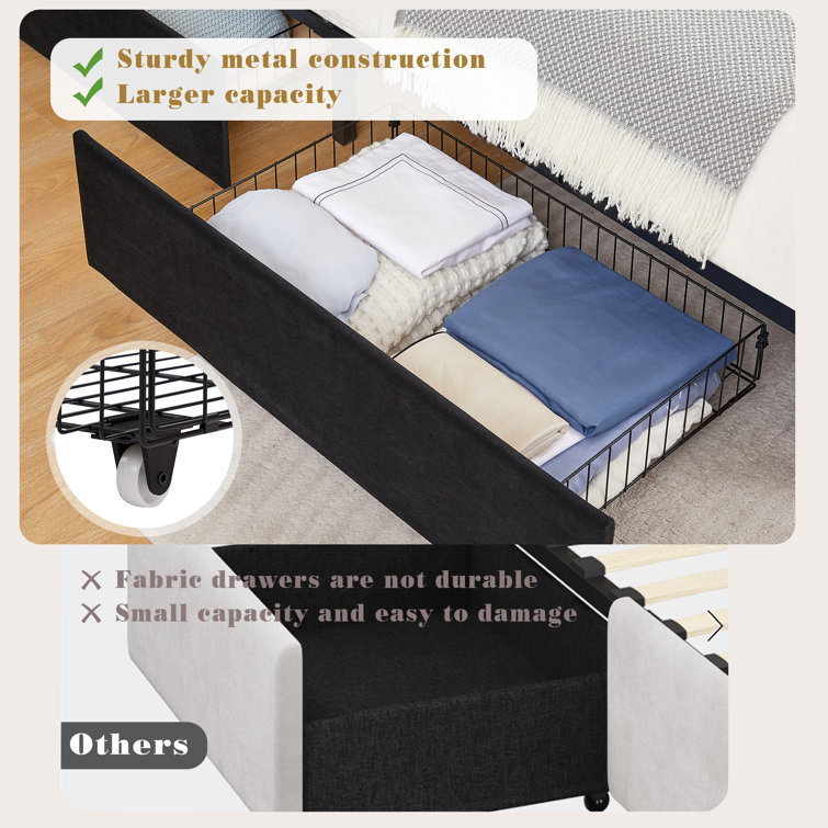 Beige Velvet Upholstered Queen Platform Bed with Storage Drawers