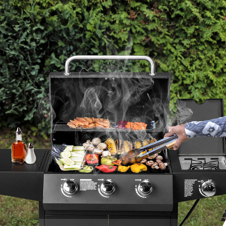 Black Stainless Steel 3-Burner Propane Gas Grill with Side Burner