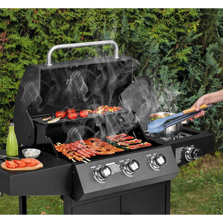 Black Stainless Steel 3-Burner Propane Gas Grill with Side Burner