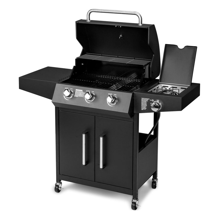 Black Stainless Steel 3-Burner Propane Gas Grill with Side Burner