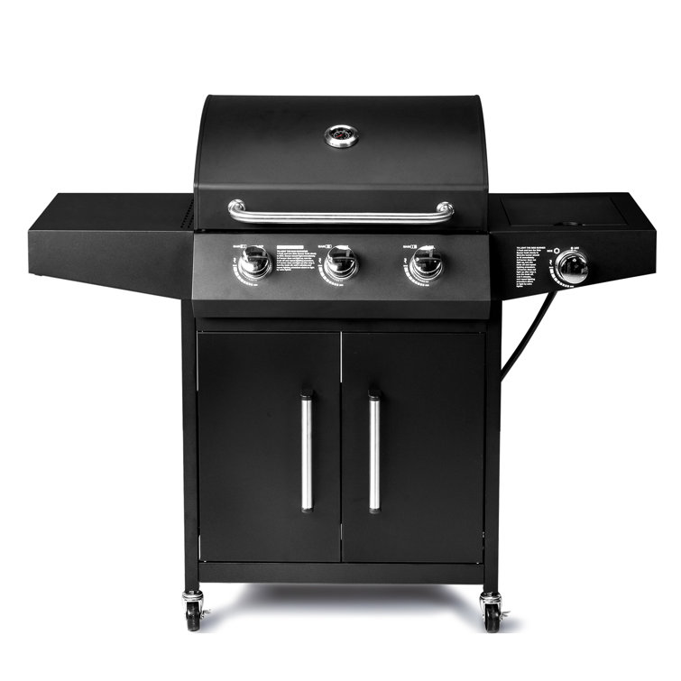Black Stainless Steel 3-Burner Propane Gas Grill with Side Burner