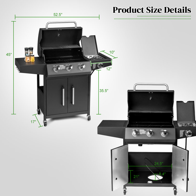 Black Stainless Steel 3-Burner Propane Gas Grill with Side Burner