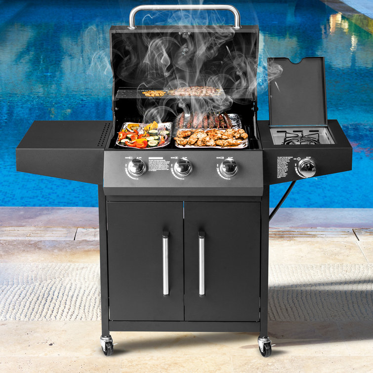 Black Stainless Steel 3-Burner Propane Gas Grill with Side Burner
