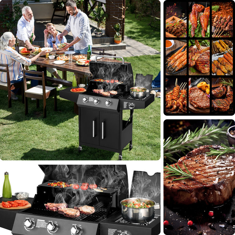 Black Stainless Steel 3-Burner Propane Gas Grill with Side Burner