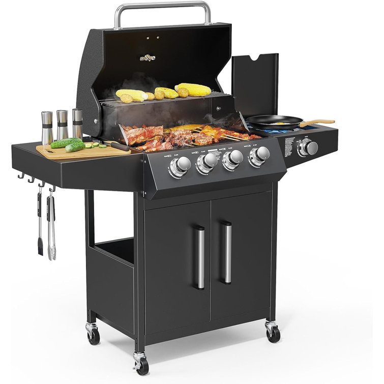 Stainless Steel 4-Burner Propane Gas Grill with Side Burner