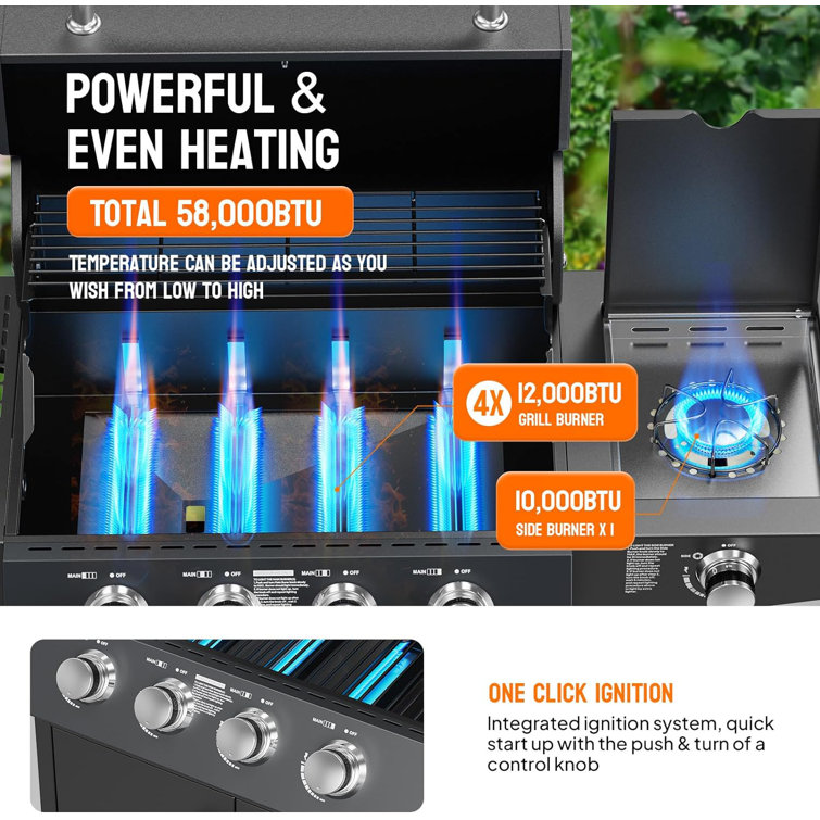 Stainless Steel 4-Burner Propane Gas Grill with Side Burner