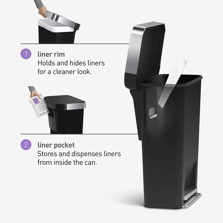 Black Plastic Rectangular Step Trash Can with Silent-Close Lid