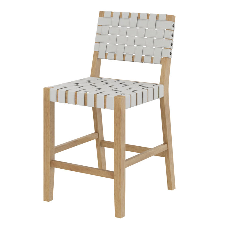 Set of 4 White Woven Faux Leather Bar Stools with Solid Wood Legs