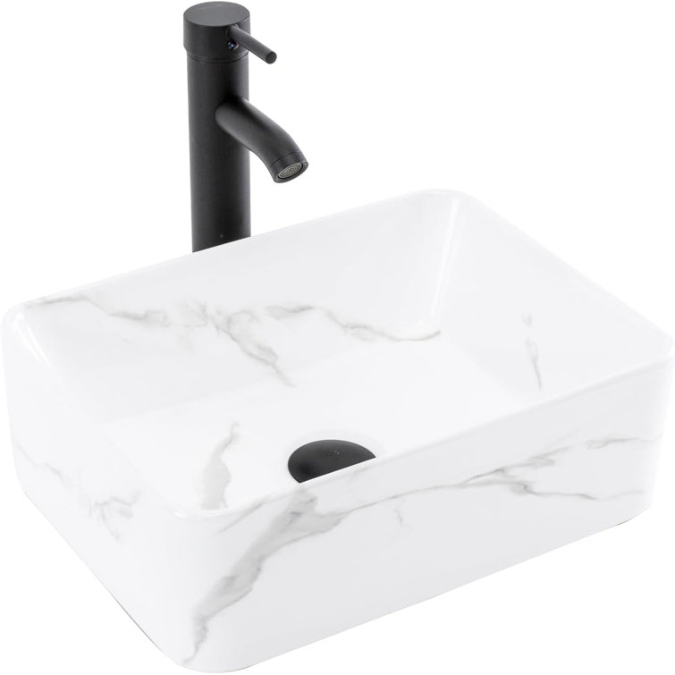 Rectangular White Ceramic Above-Counter Bathroom Sink with Faucet