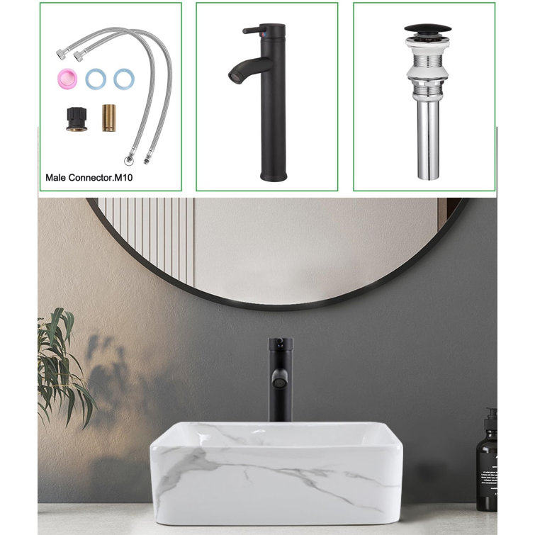 Rectangular White Ceramic Above-Counter Bathroom Sink with Faucet