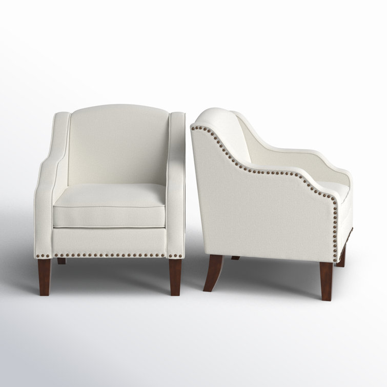 Ivory Polyester Nailhead Trim Armchair Set with Wood Legs