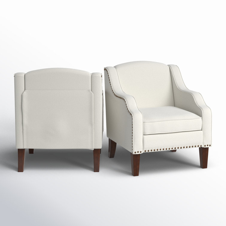 Ivory Polyester Nailhead Trim Armchair Set with Wood Legs