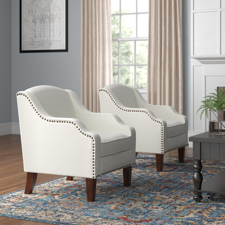 Ivory Polyester Nailhead Trim Armchair Set with Wood Legs