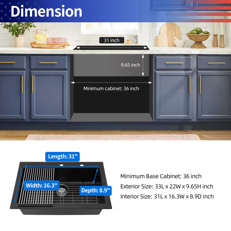 33'' Matte Black Quartzite Single Bowl Kitchen Sink