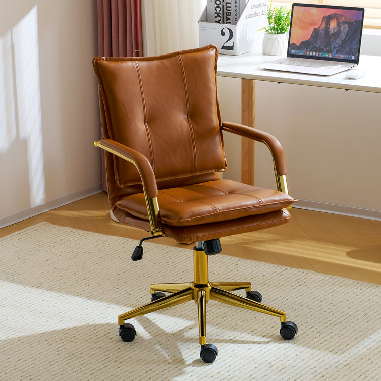 Camel High Back Leather Task Chair with Gold Frame