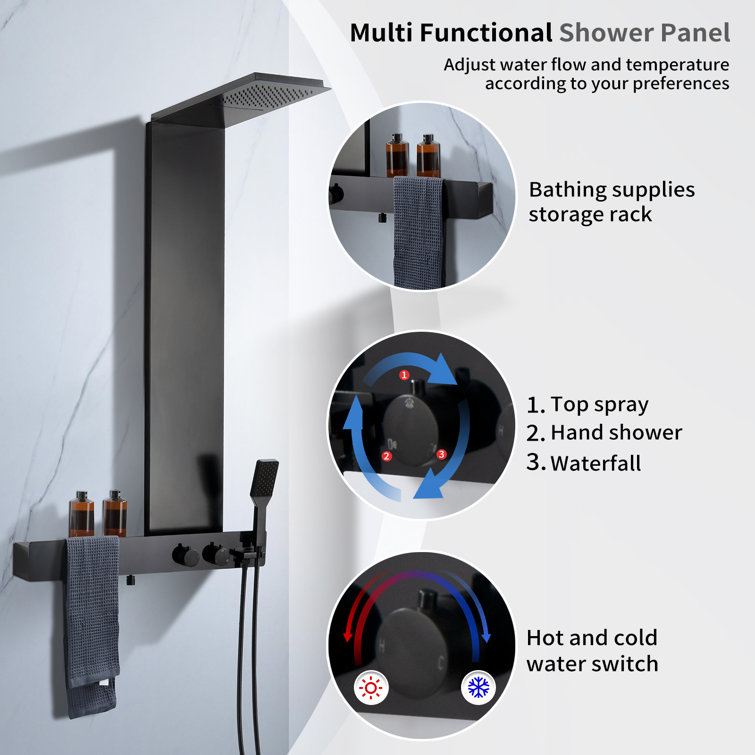 Matte Black Multi-Function Shower Panel with Rainfall and Waterfall Heads