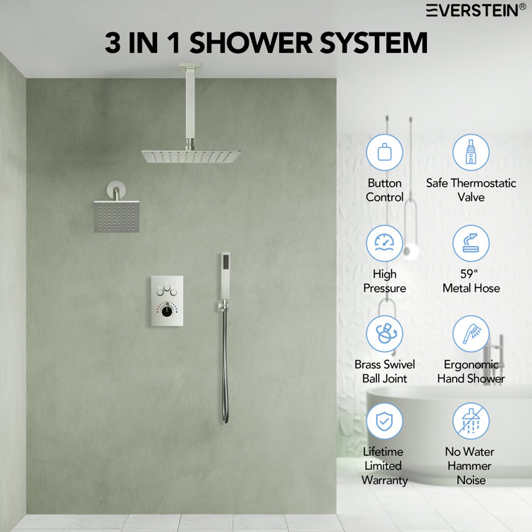 Brushed Nickel 12'' Dual Rainfall Shower System with Thermostatic Valve