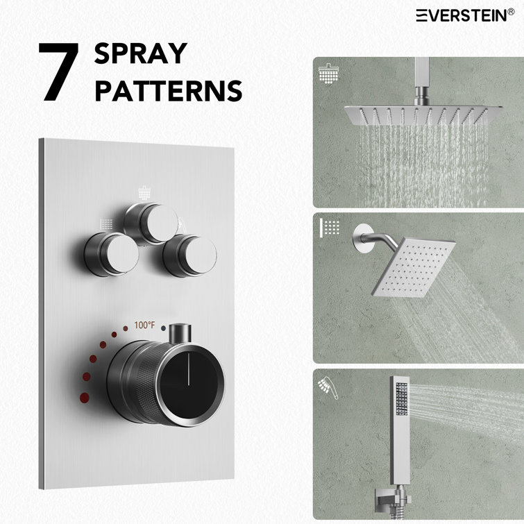 Brushed Nickel 12'' Dual Rainfall Shower System with Thermostatic Valve