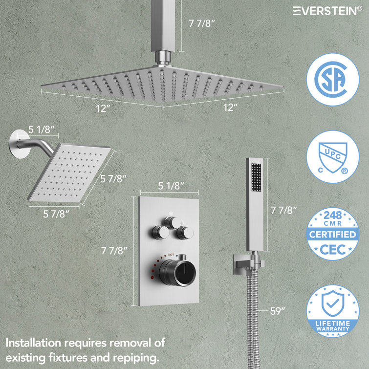 Brushed Nickel 12'' Dual Rainfall Shower System with Thermostatic Valve