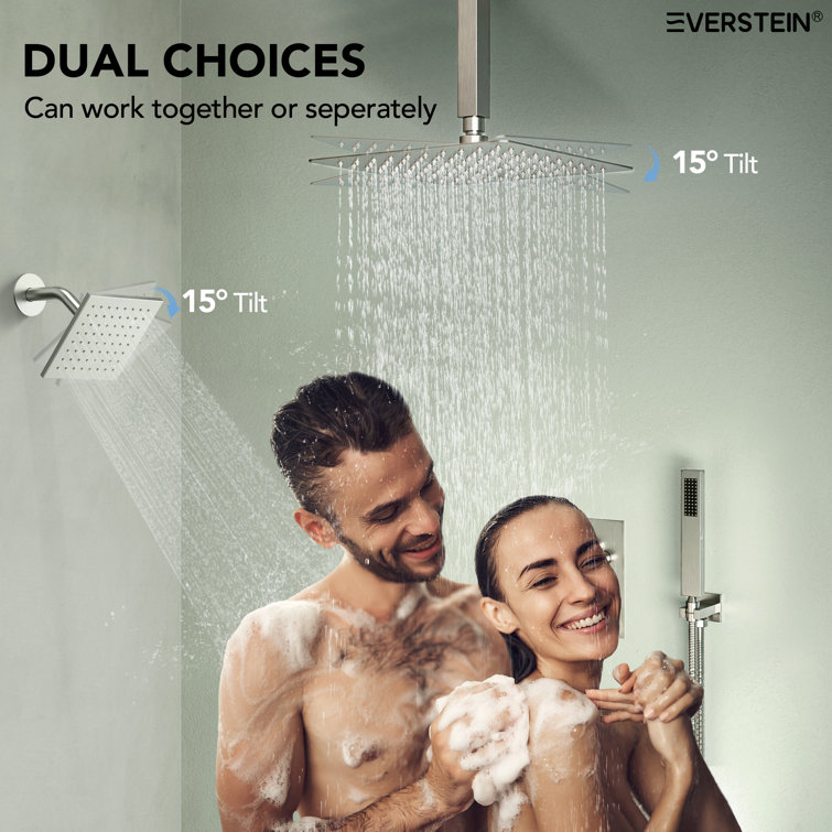 Brushed Nickel 12'' Dual Rainfall Shower System with Thermostatic Valve