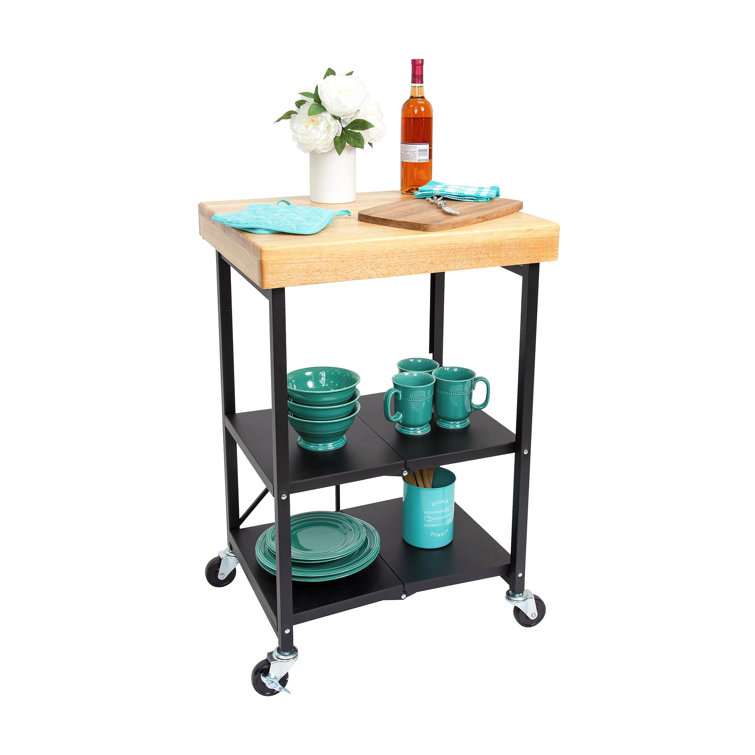 Black Foldable Kitchen Island Cart with Wood Top