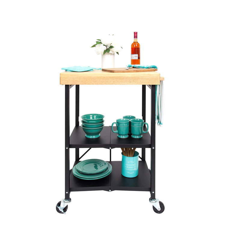 Black Foldable Kitchen Island Cart with Wood Top