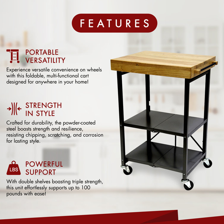 Black Foldable Kitchen Island Cart with Wood Top