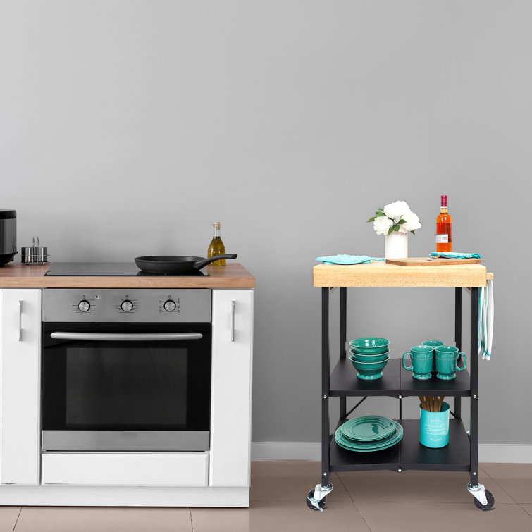 Black Foldable Kitchen Island Cart with Wood Top