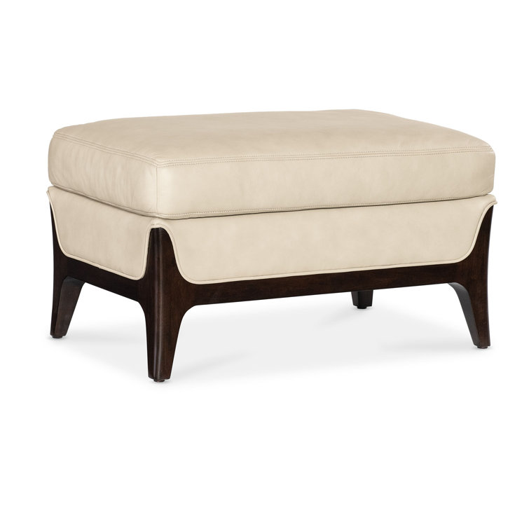 Beige Leather Ottoman with Dark Wood Legs