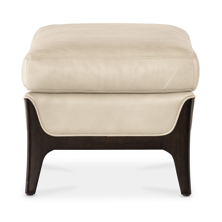Beige Leather Ottoman with Dark Wood Legs