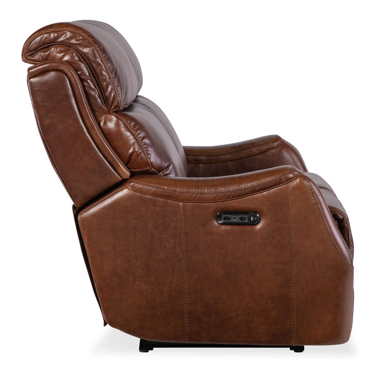 Carrington Walnut Leather Reclining Loveseat with Black Metal Base