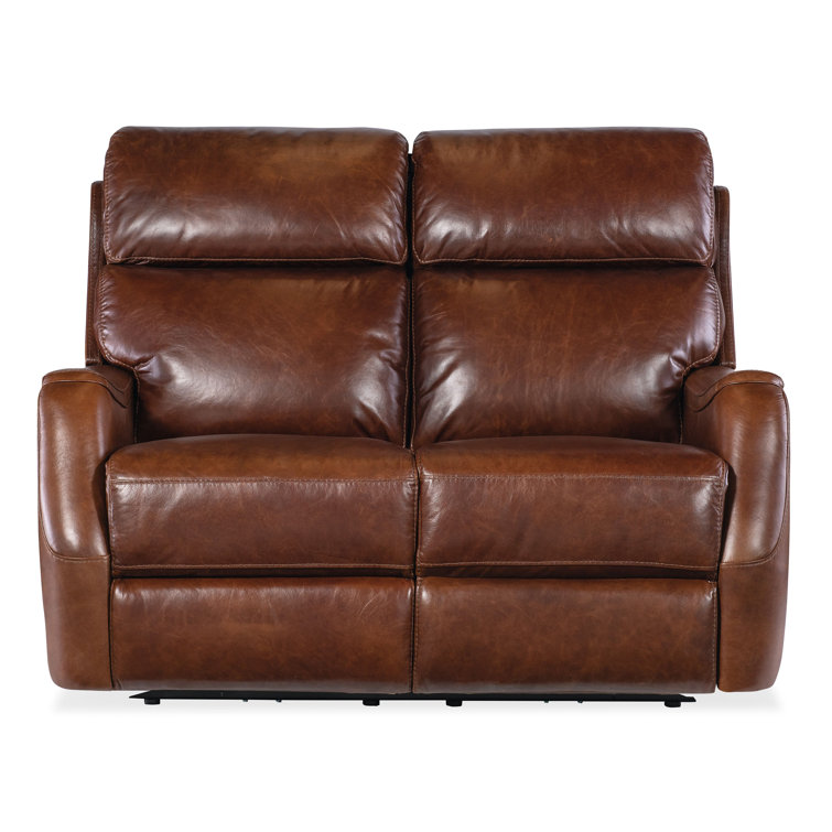 Carrington Walnut Leather Reclining Loveseat with Black Metal Base