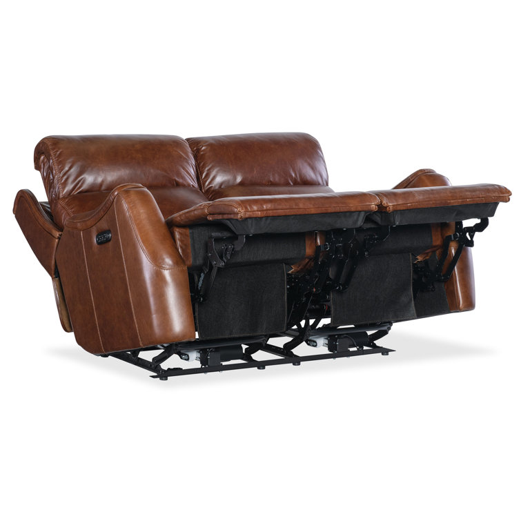 Carrington Walnut Leather Reclining Loveseat with Black Metal Base