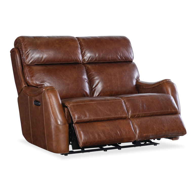 Carrington Walnut Leather Reclining Loveseat with Black Metal Base