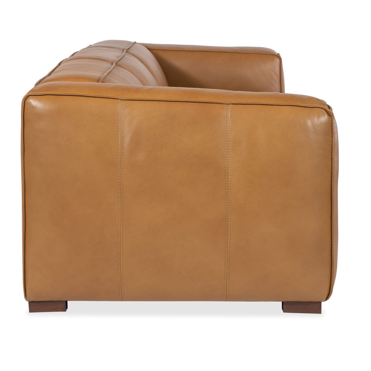 Zen Caramel Leather Reclining Sofa with Track Arms