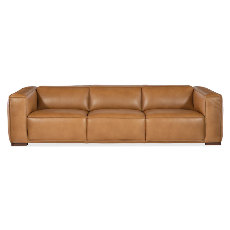 Zen Caramel Leather Reclining Sofa with Track Arms