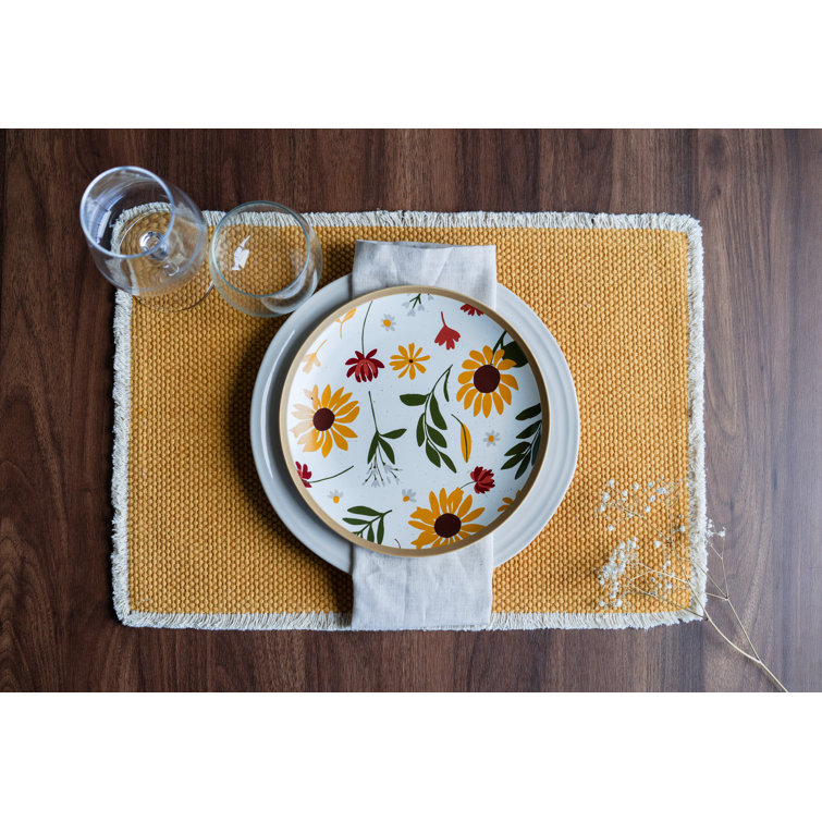 Ochre Yellow Cotton Woven Rectangle Placemats with Fringe Trim - Set of 4