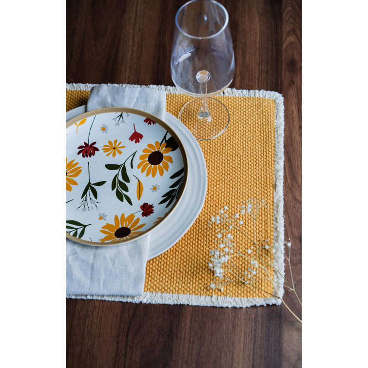 Ochre Yellow Cotton Woven Rectangle Placemats with Fringe Trim - Set of 4