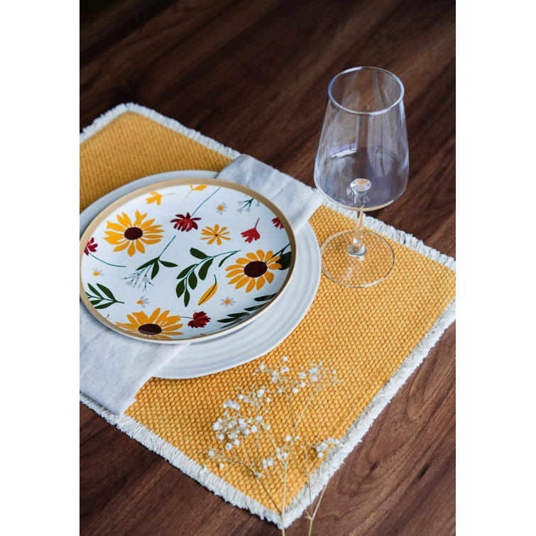 Ochre Yellow Cotton Woven Rectangle Placemats with Fringe Trim - Set of 4