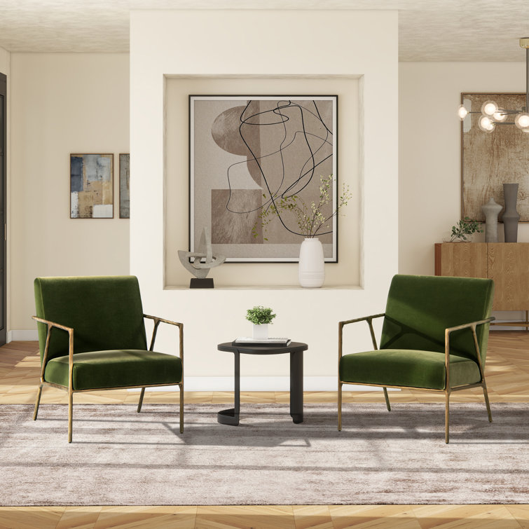 Olive Green Velvet Armchair with Hammered Brass Frame