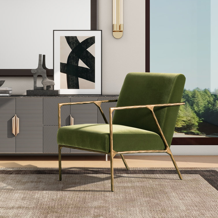 Olive Green Velvet Armchair with Hammered Brass Frame