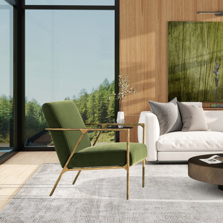 Olive Green Velvet Armchair with Hammered Brass Frame