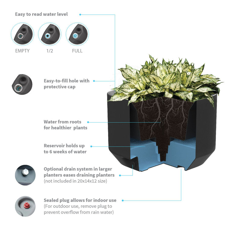 Slate Mod Self-Watering Planter Box 38'' for Indoor & Outdoor