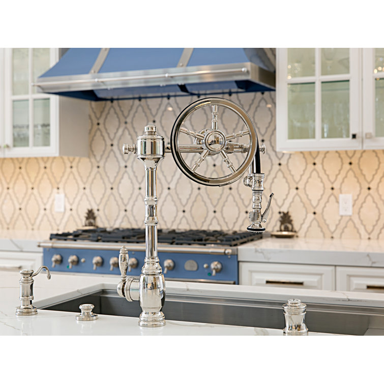 Distressed Antique Pewter Pulldown Kitchen Faucet with Wheel Design