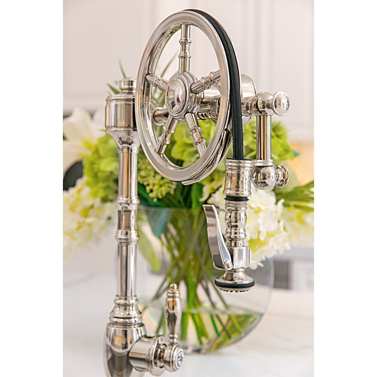 Distressed Antique Pewter Pulldown Kitchen Faucet with Wheel Design