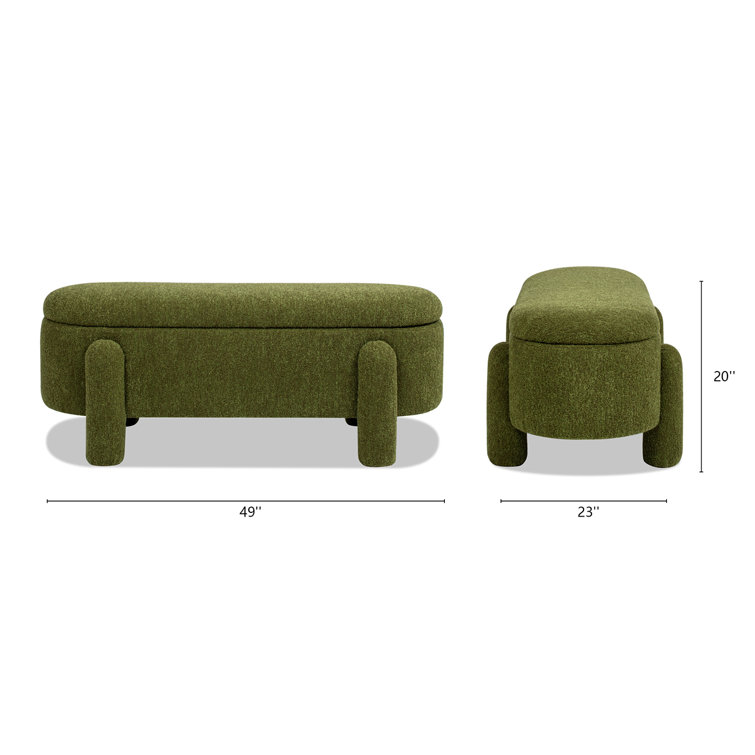 Moss Green Oval Bouclé Storage Bench with Rubberwood Legs