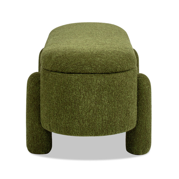 Moss Green Oval Bouclé Storage Bench with Rubberwood Legs