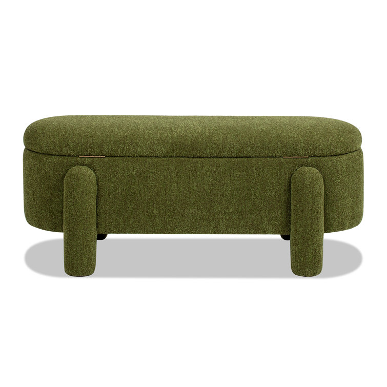 Moss Green Oval Bouclé Storage Bench with Rubberwood Legs